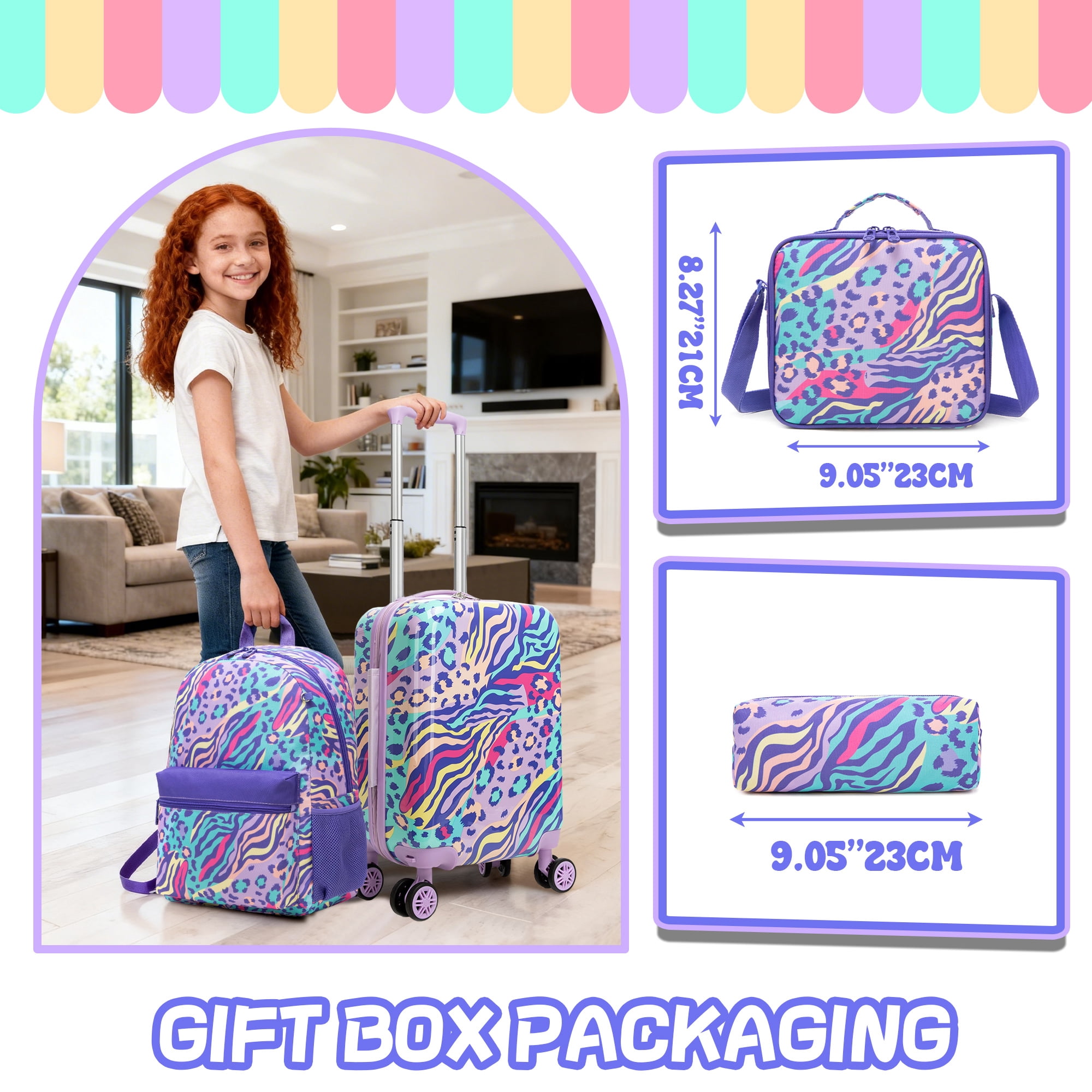 Kids Luggage Sets 5 Piece Toddler Suitcases with Wheels for Girls Women 16 inches Hardshell Suitcase Set with Travel Pillow for Airplane Travel Essential