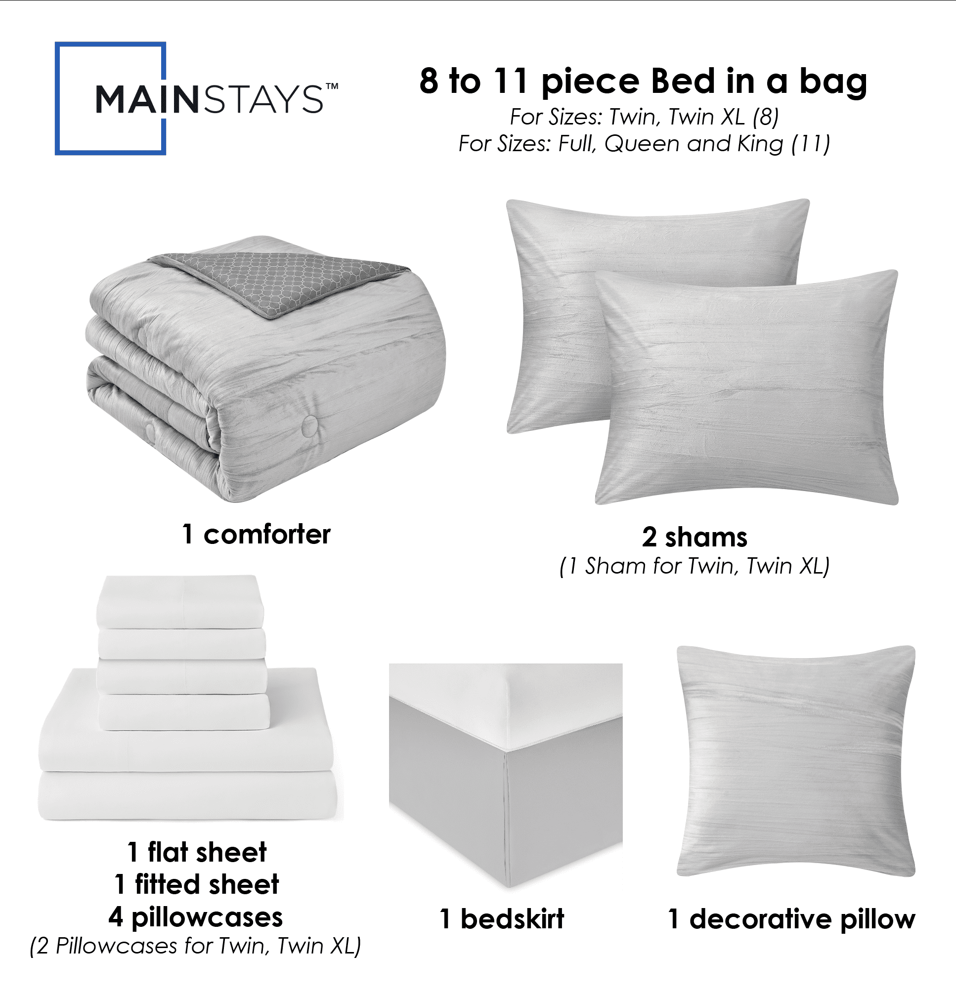 Mainstays 11-Piece Bed in a Bag Comforter Set with Sheets, Gray Crushed Velvet, Full, Unisex