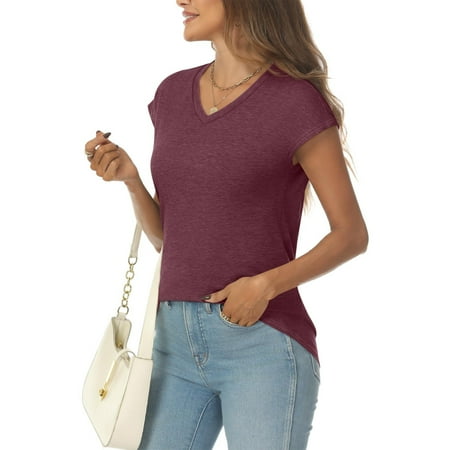 SUNBS Womens Casual V Neck Shirts Basic Plain T Shirts Cute Tops for Women Summer Clothes