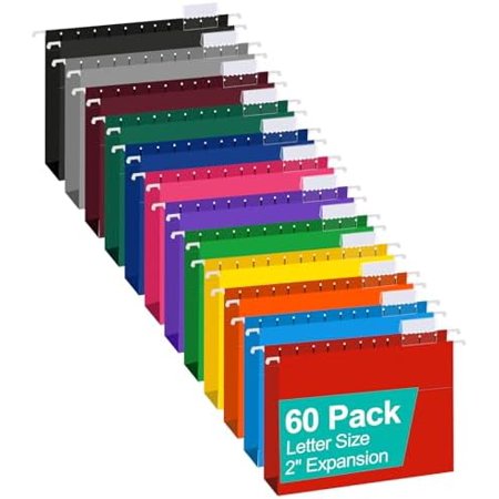 Extra Capacity Hanging File Folders, 60 Pack Reinforced Letter Size Hanging Folders with Heavy Duty 2 Inch Expansion, Designed for Bulky Files, Medical Charts, 12 Assorted Colors$$Office