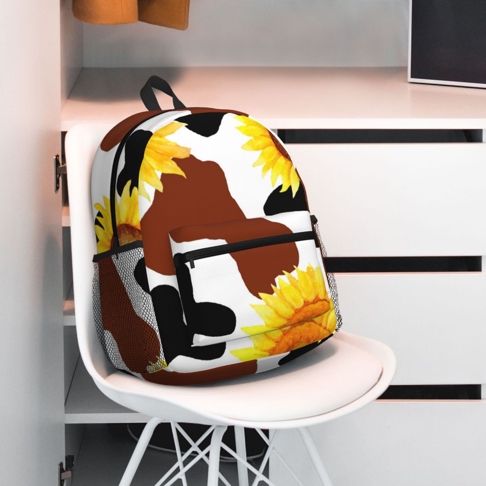 Vsdgher Sunflower Cow Print Unisex Large Capacity Bookbag Schoolbag Casual Daypack for High School/College/Teens/Travel/Work