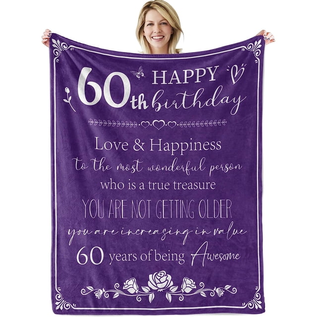 LHSHID 60th Birthday Gifts for Women Blanket Happy 60th Birthday Decorations Throw Blanket for Her Birthday Gifts for Wife Mom Men Cheers to 60 Years Gifts Purple 60"x80"