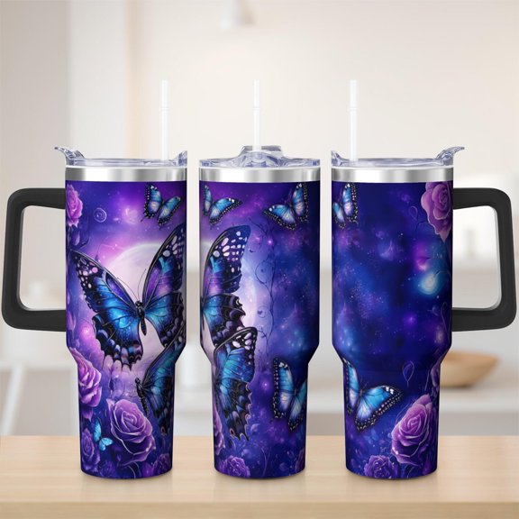 Butterfly tumbler 40 oz tumbler with handle and straw 304 stainless steel travel cup coffee mug water bottle suitable as a gifts for women mom gifts gift for butterfly lovers