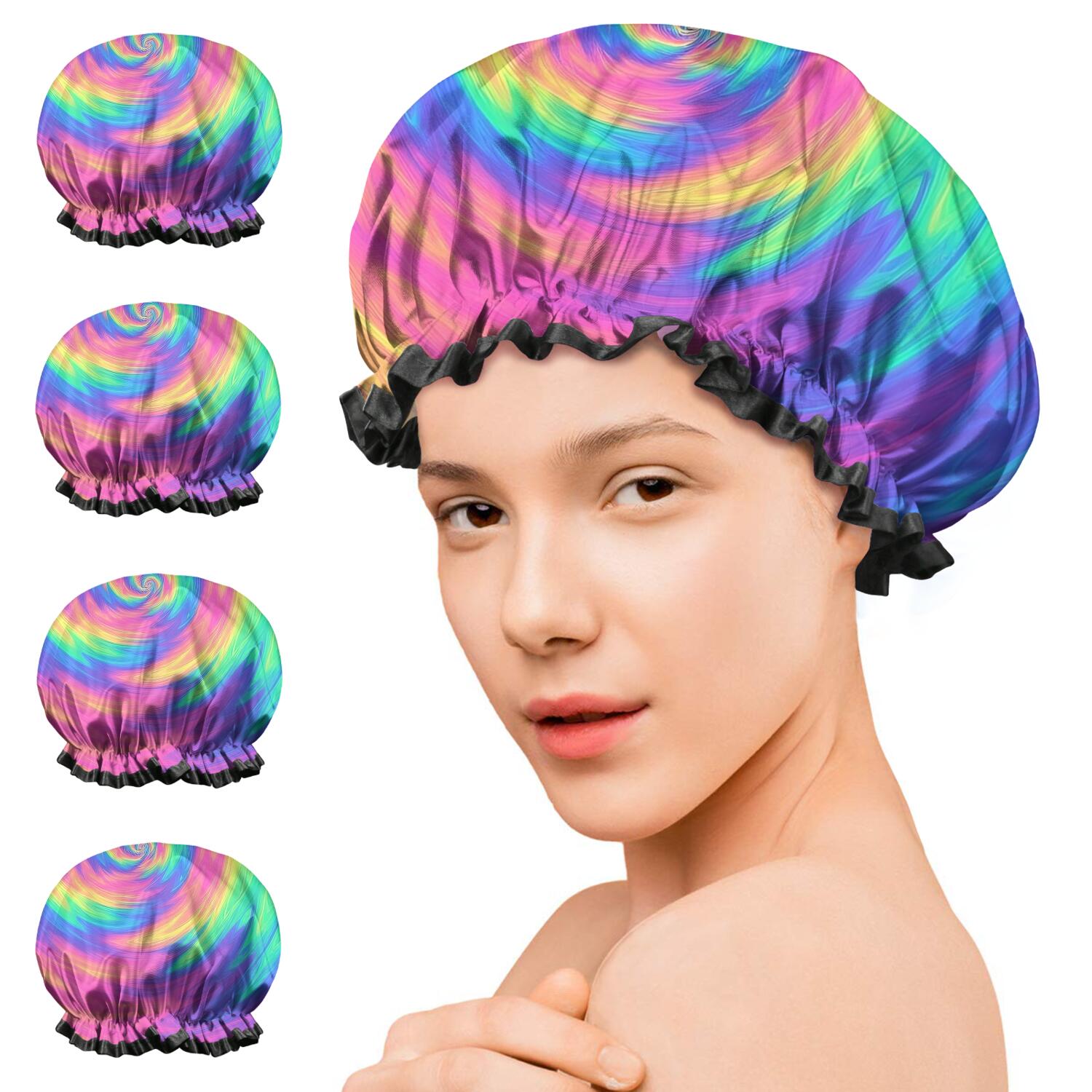 Shower Caps,Rainbow Tie Dye Spiral Pattern Waterproof Shower Cap for Women 4 Pieces,Double Reusable Hair Cover for Shower PEVA Elastic Stretch Hem