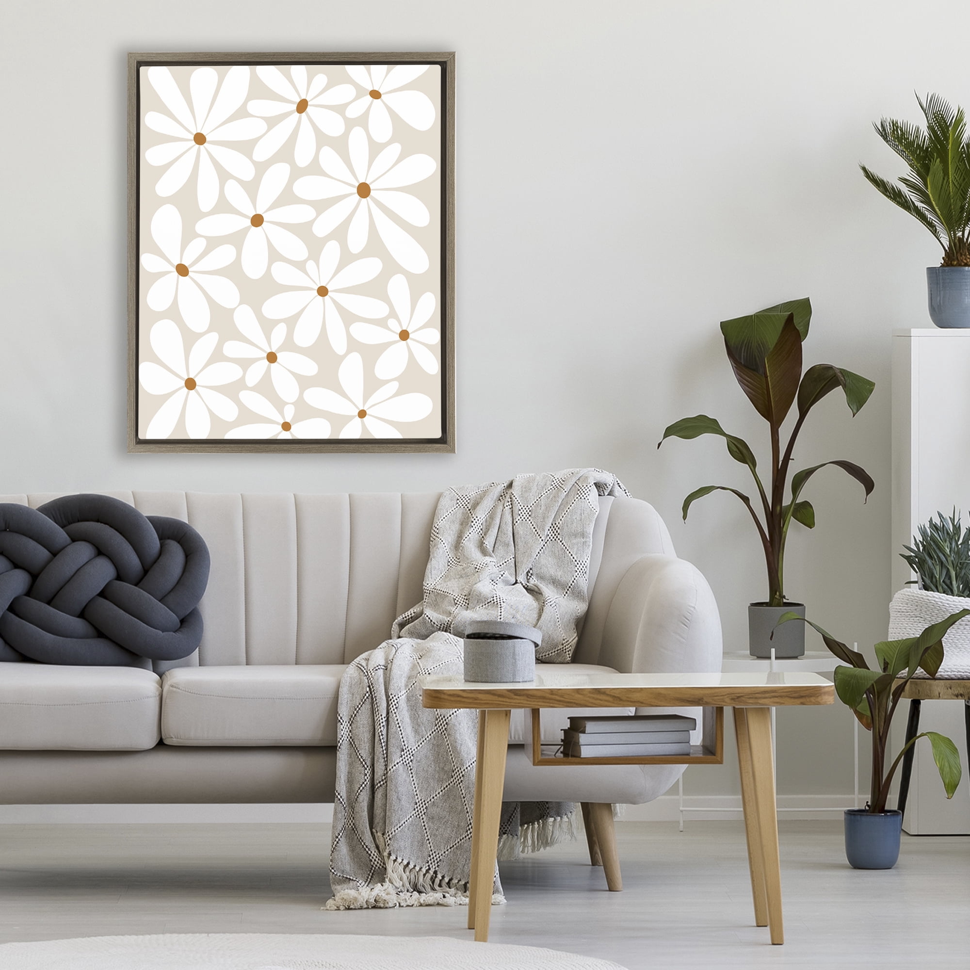 Stupell Industries Beige & White Daisies Brown Framed Floater Canvas Wall Art, design by Susan Ball