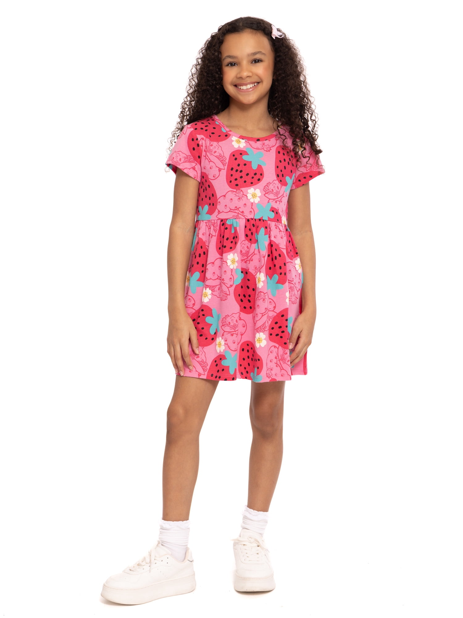 Strawberry Shortcake Girls Allover Print Dress with Short Sleeves, Sizes 4-12