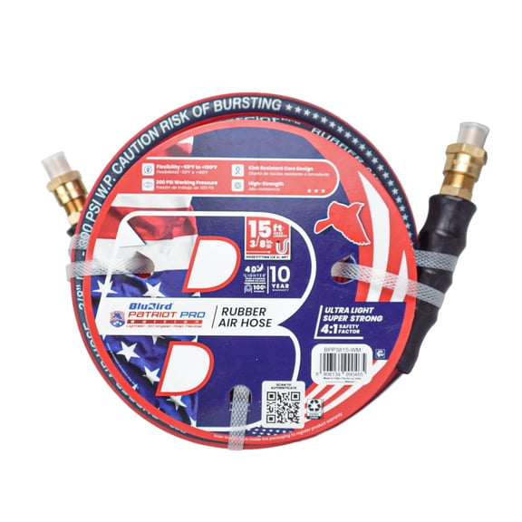 Blubird Patriot Pro Rubber Air Hose - 3/8"x 15' with 1/4" Mnpt