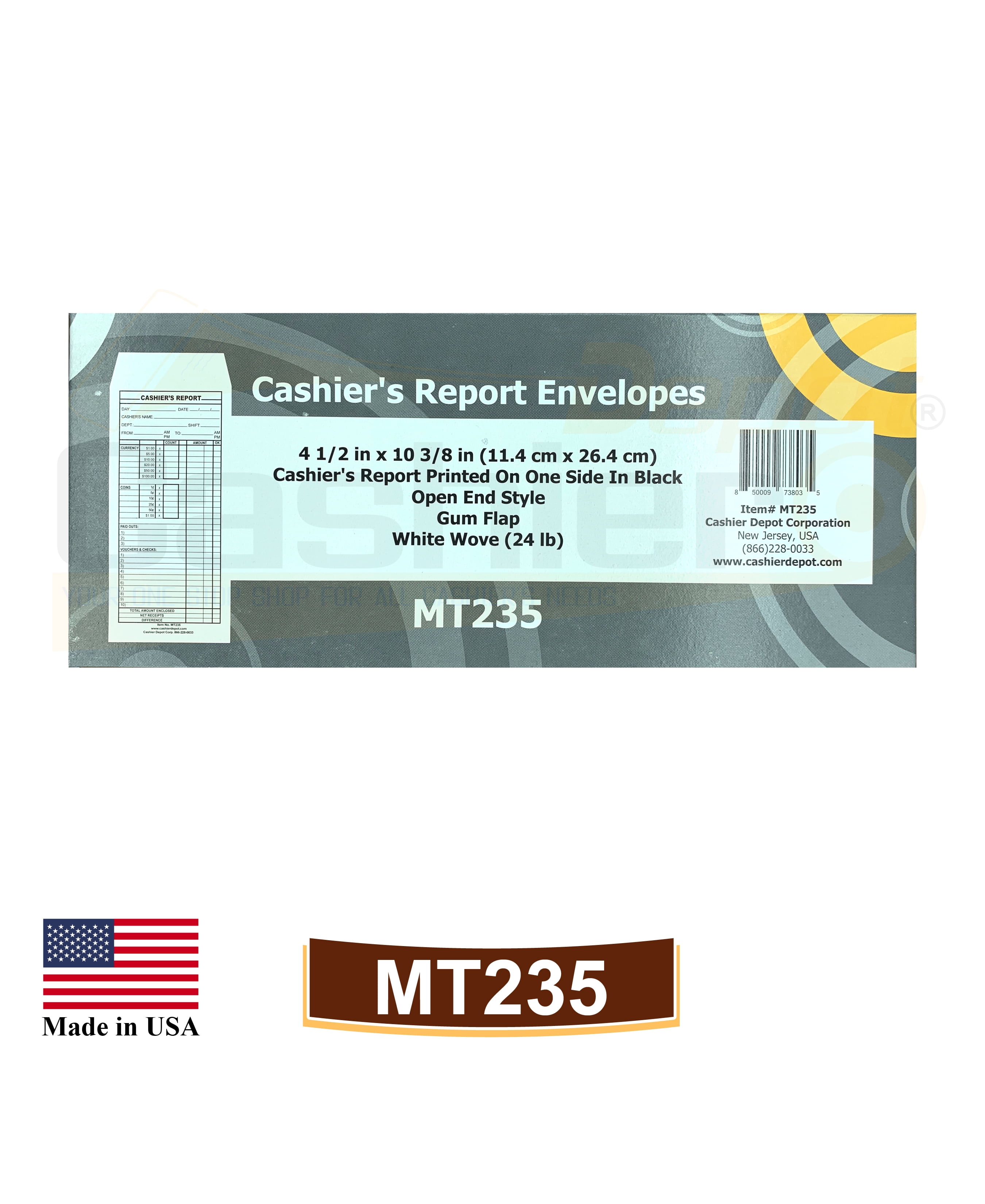 500 Cashier Depot MT235 Cashier's Report Envelope, 4 1/2" x 10 3/8", Premium 24lb White (500 Envelopes)