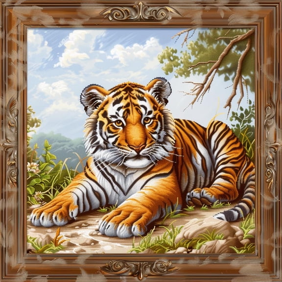 Tiger Lying DIY 11CT Stamped Cross Stitch Kits for Beginners Easy Needlepoint Embroidery Counted Cross Stitch Art Craft for Wall Decoration 14x14inch(3)