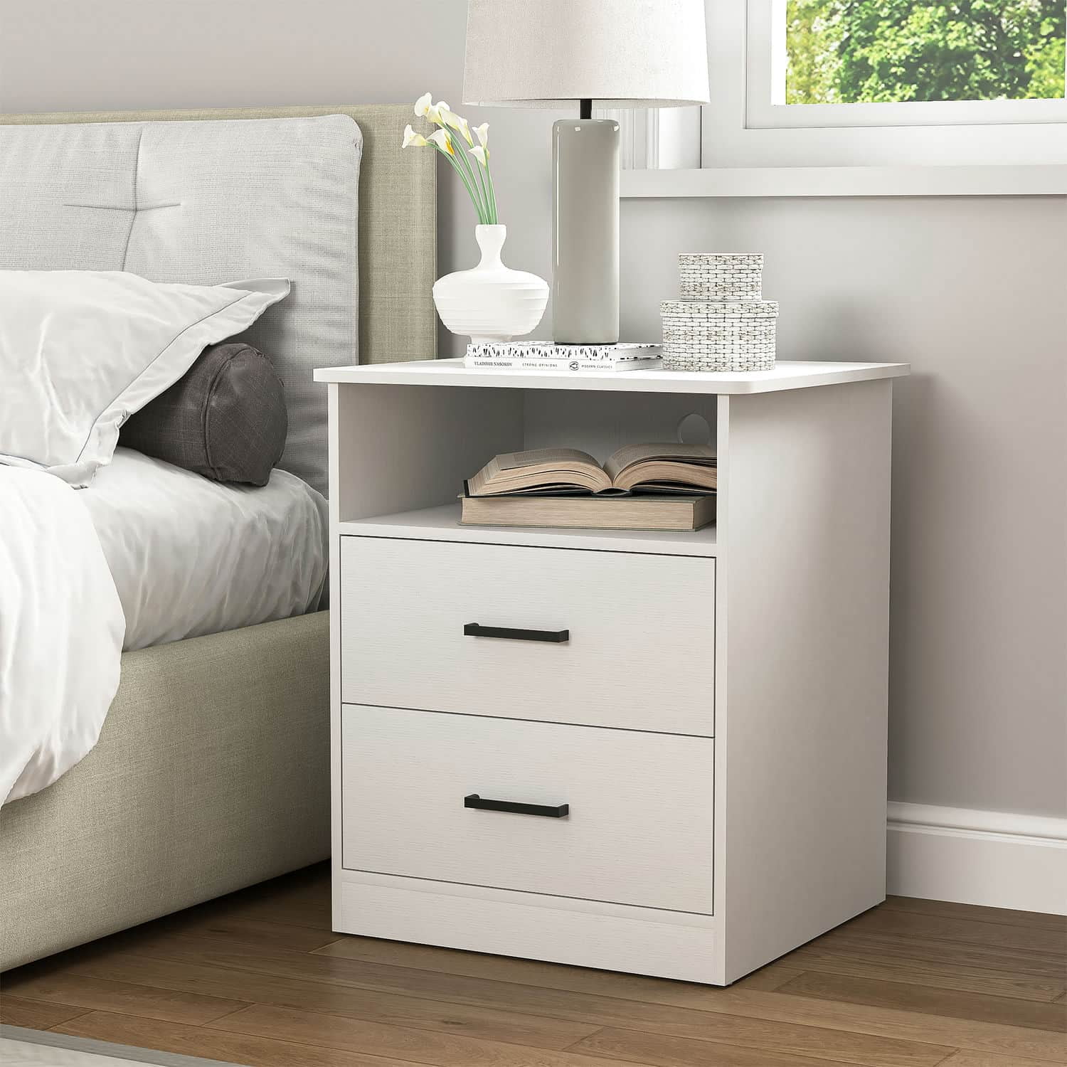 Spaco End Table with Charging Station, Nightstand with USB Ports & Outlets, Modern Bedside Table with 2 Storage Drawer and Top Shelf for Bedroom, White