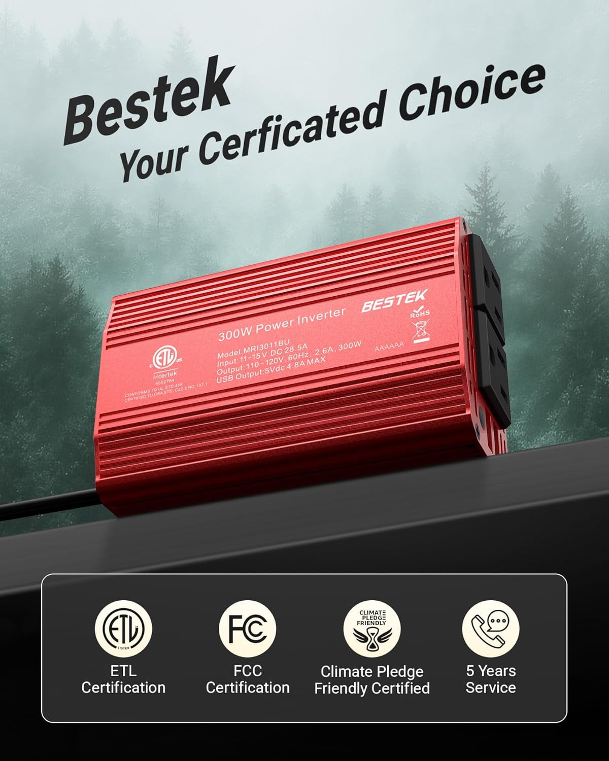 BESTEK 300W Power Inverter DC 12V to 110V AC Car Inverter with 4.2A Dual USB Car Adapter