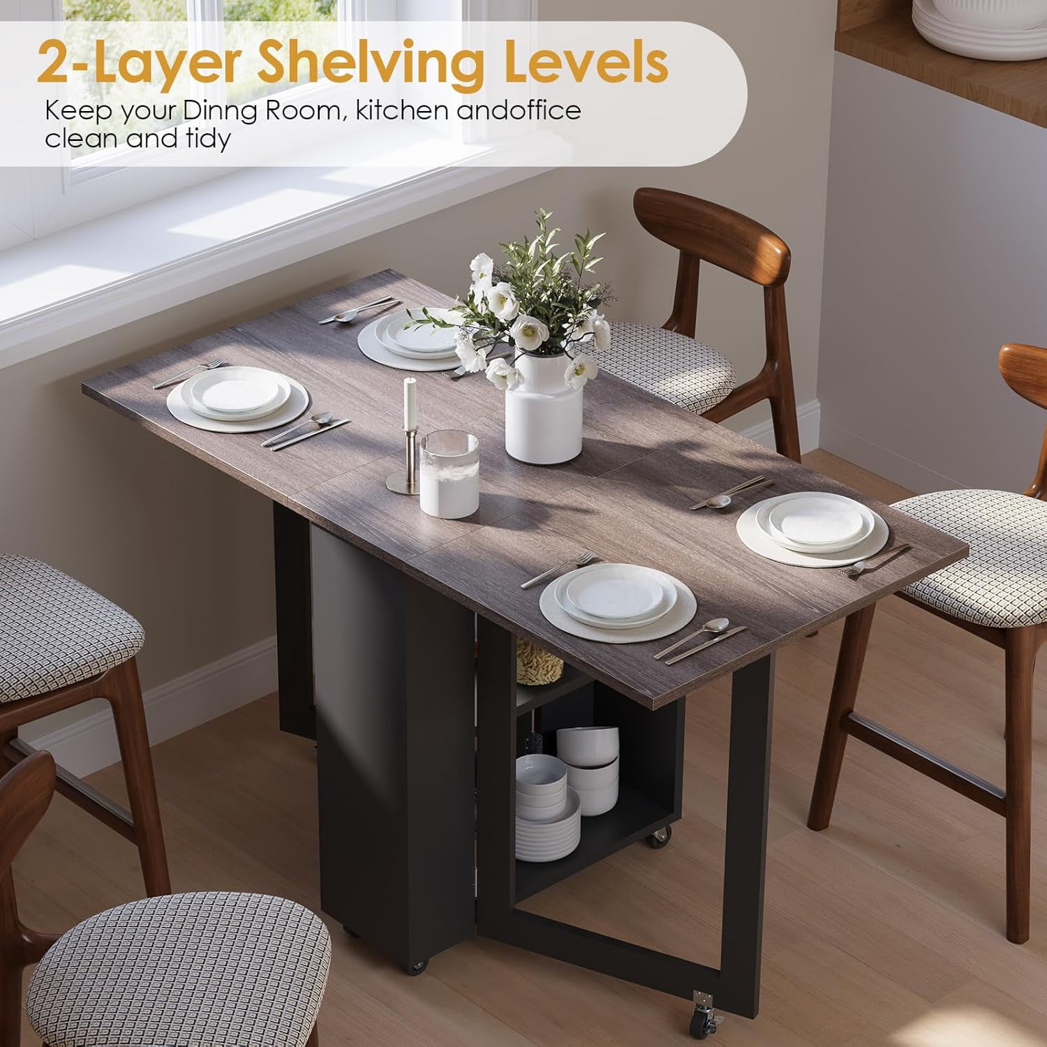 Kuublock Folding Dining Table with 2 Storage Racks, Space Saving Dining Table with 6 Wheels, Kitchen Table for Small Spaces