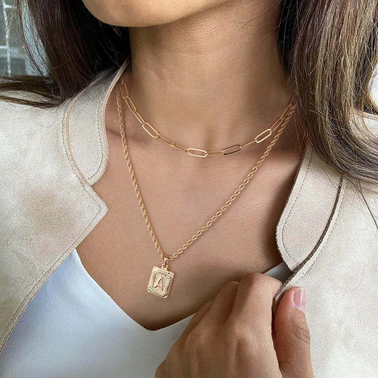 SMILEST Gold Layered Initial Necklaces for Women 14K Gold Plated Initial  Square Paper Clip Link Rope Chain Necklaces for Women Teen Girl Jewelry  Gifts