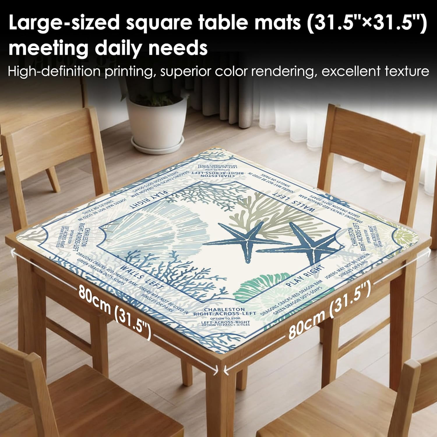 Blue Coastal Beach Mahjong Mat with Rules for Table 31.5x31.5, Gifts for Mahjong Players, Nautical Starfish Coral Non-Slip Noise Reduction Mahjong Table Mat, Blue Beach Gifts Decor for Women