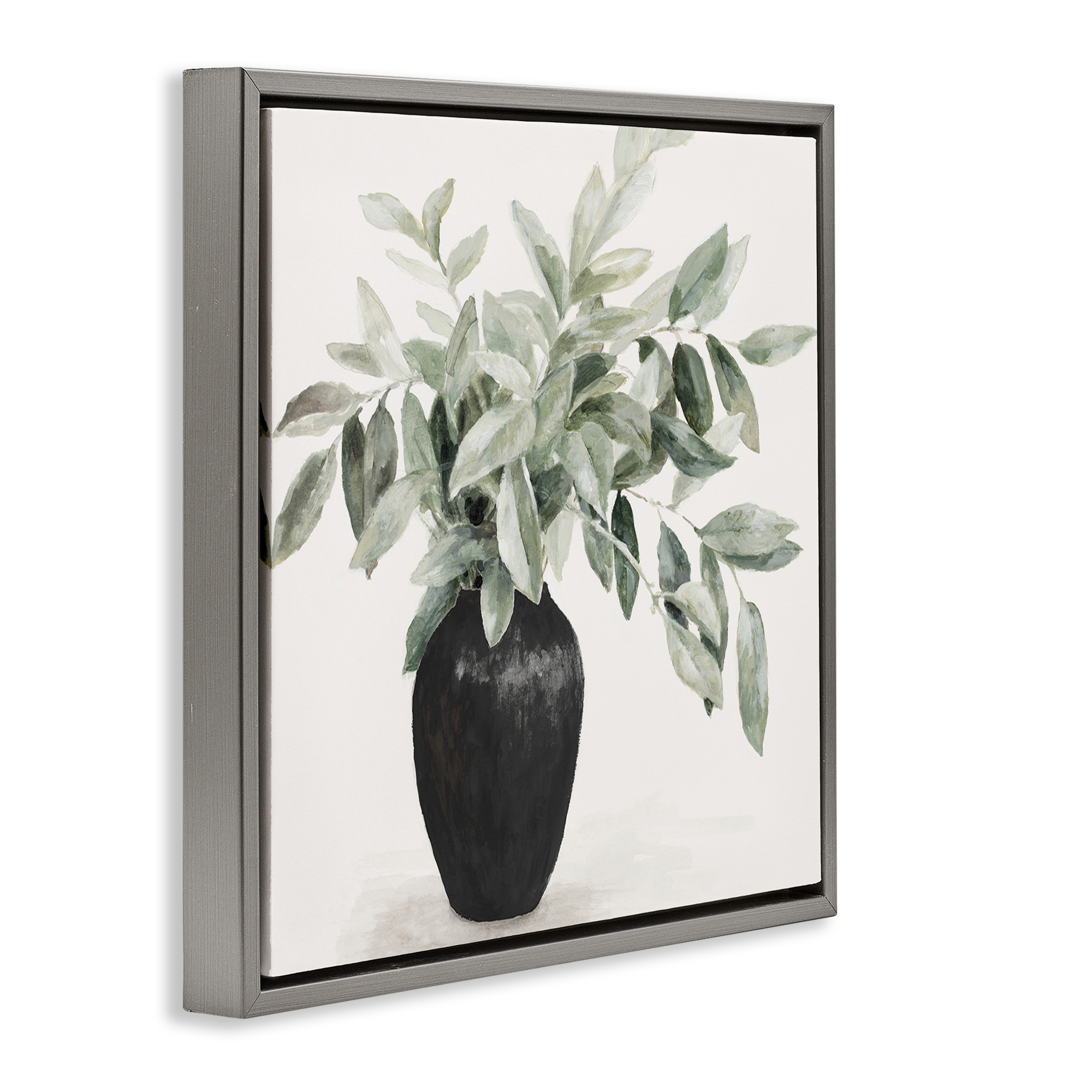 Stupell Industries Plant in Black Vase Botanical & Floral Painting Gray Floater Framed Art Print Wall Art, 18 x 18