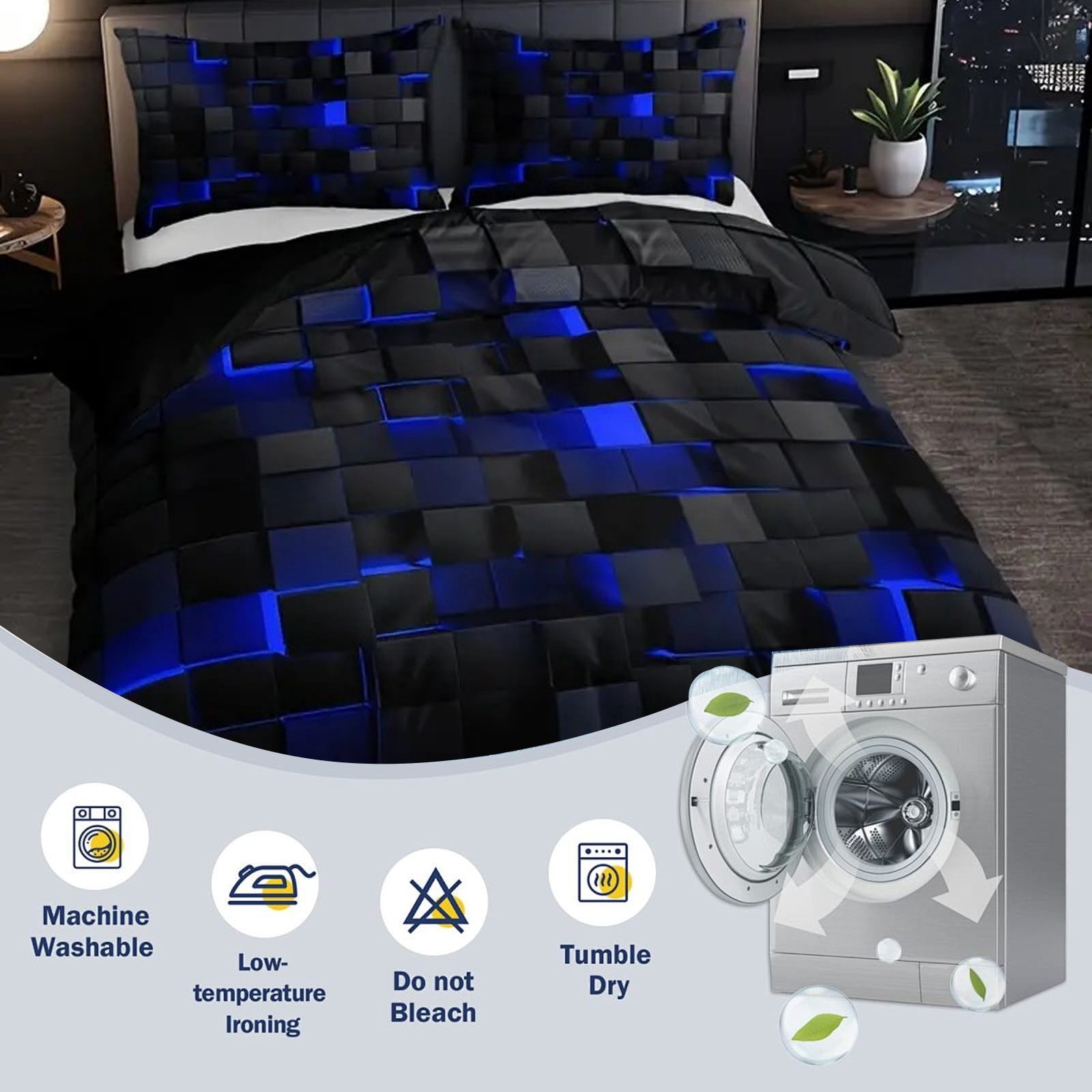 Taotanxi Blue and Black 3-Piece Full Size Light Geometric Comforter Set for Kids Boys Girls Geometry Decor Comforter Modern Style Duvet Set,x1 Quilt Cover, x2 Pillowcases