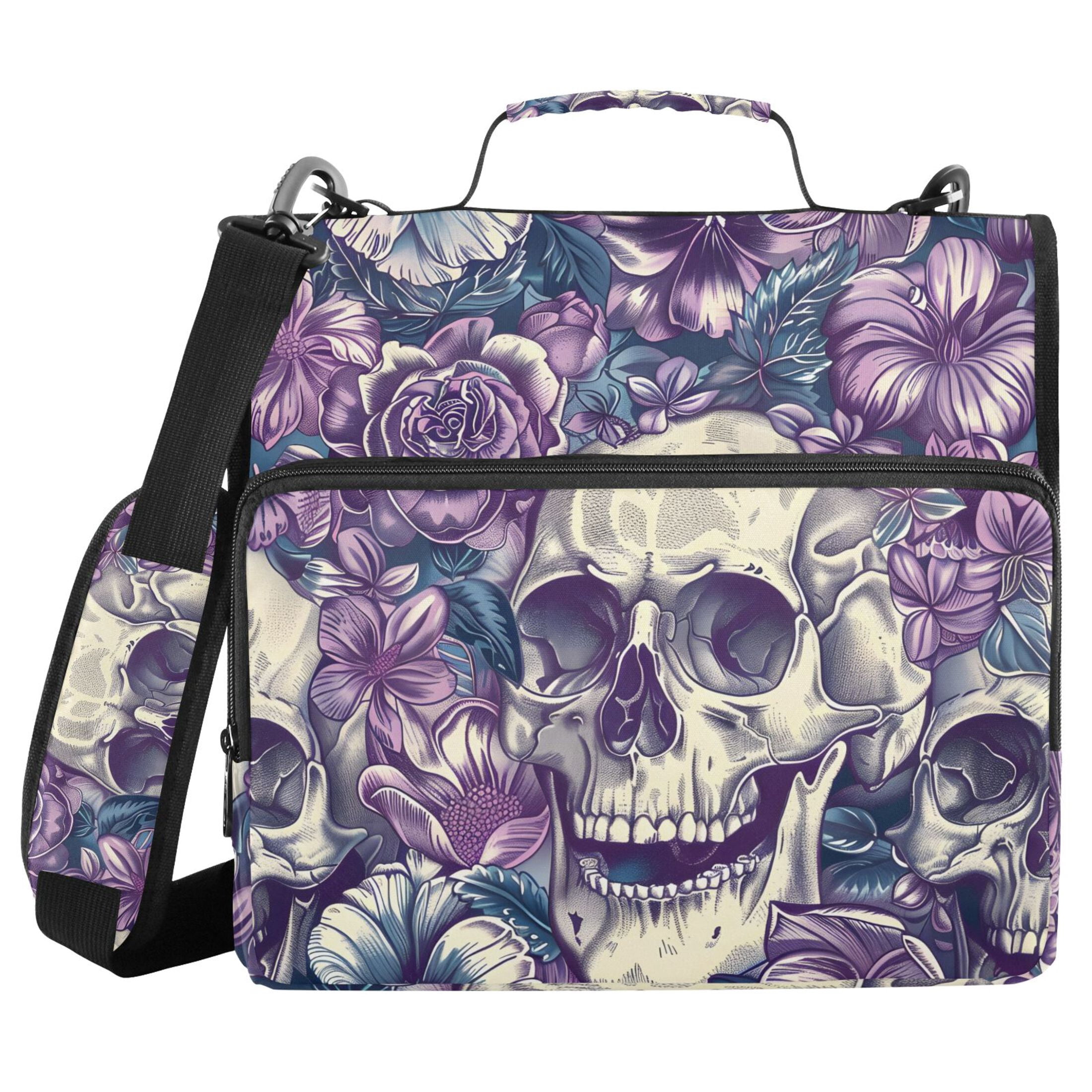 ALAZA Zipper Binder Skull Purple Flowers 3 Ring Trapper Keeper File Folder Organizer Bag