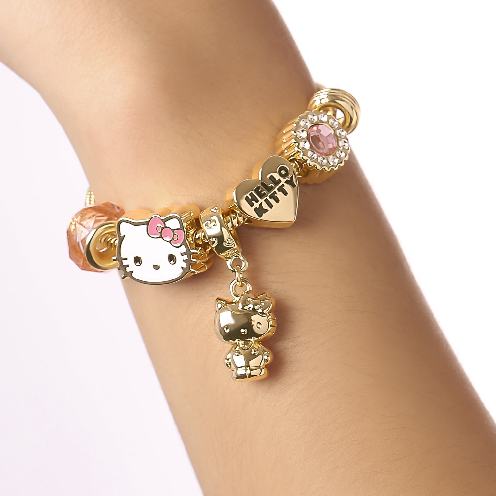 Sanrio Hello Kitty 7'' Fashion Charm Bead Bracelet with Pink and Gold Tone Enamel Beads