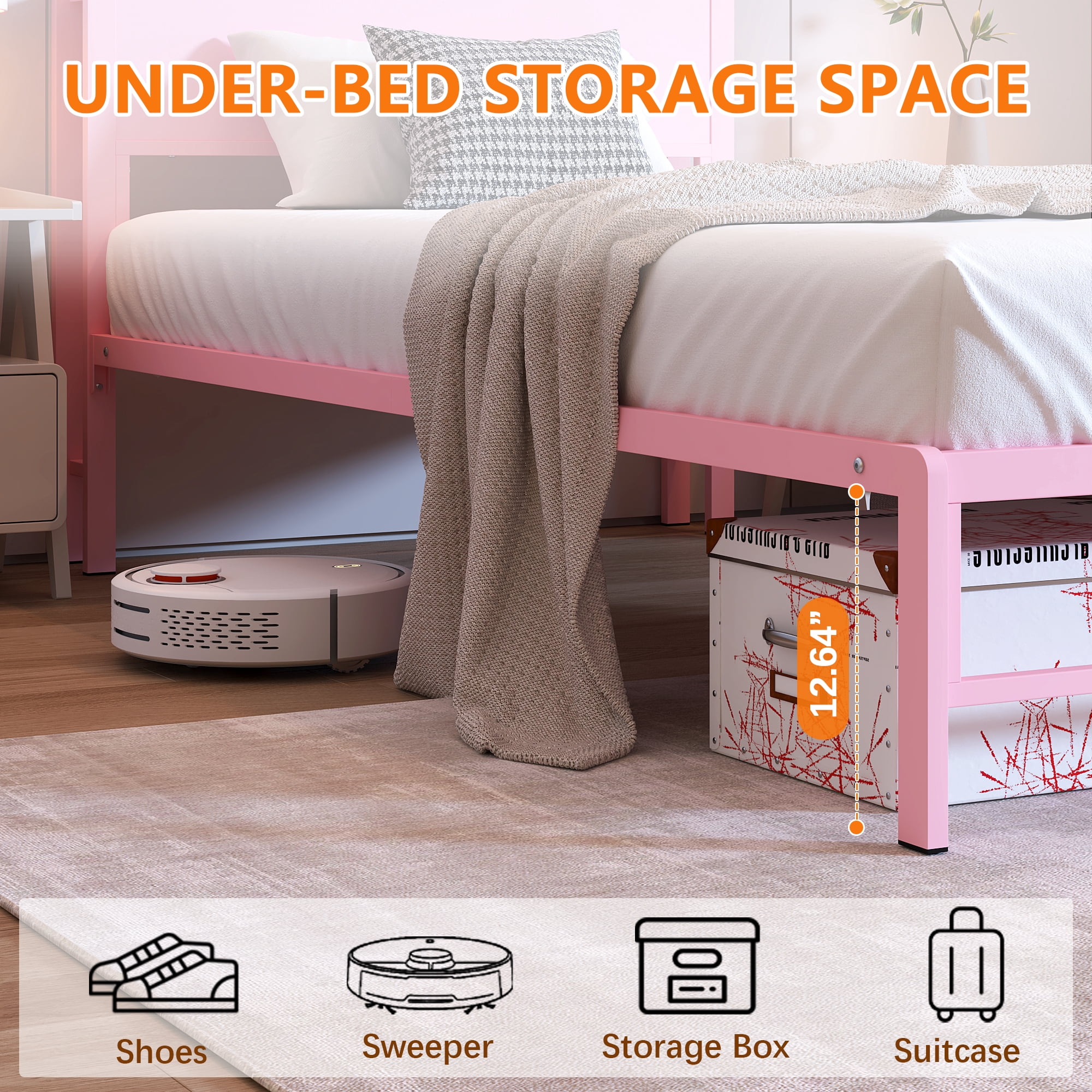 Yoneston Twin Kids Metal Bed Frame with 2-Tire Storage Headboard, Heavy Duty Platform Bed Frame Bedroom Furniture for Girls, Pink