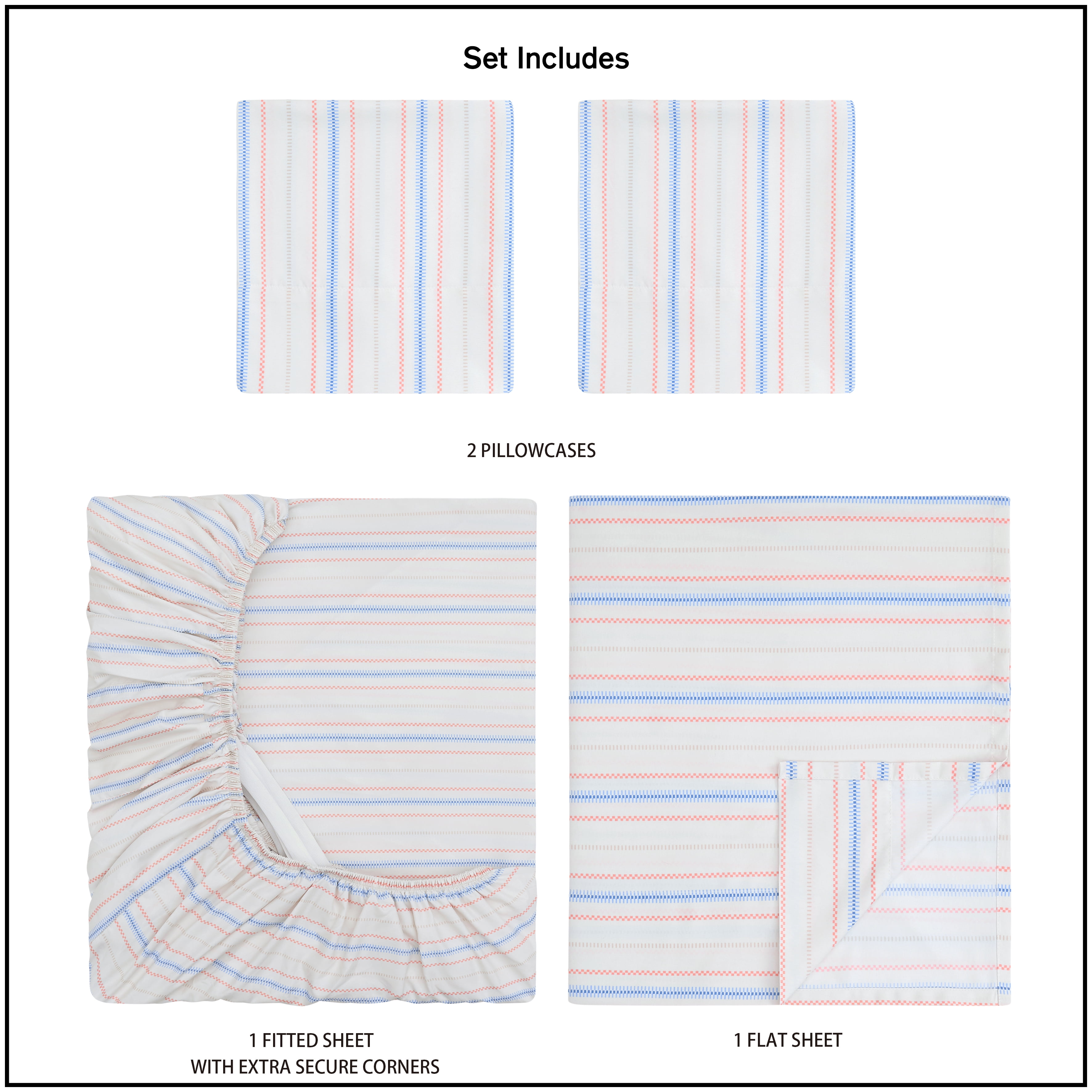 Mainstays by Becky G. & Alejandra 4-Piece Multicolor Woven Stripe Super Soft Microfiber Bed Sheet Set, Queen