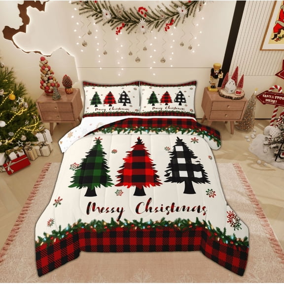 Feelyou Cartoon Xmas Tree Full Size Comforter Sets for Kid, Merry Christmas Bedding Comforter Set, Black Red Buffalo Reversible Bedding Sets, Breathable Home Decor, 3 Pieces