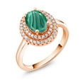 thumbnail image 2 of Gem Stone King 18K Rose Gold Plated Silver Oval Green Malachite Halo Engagement Ring for Women (3.20 Cttw, Gemstone Birthstone, Oval 8X6MM, Size 6), 2 of 4