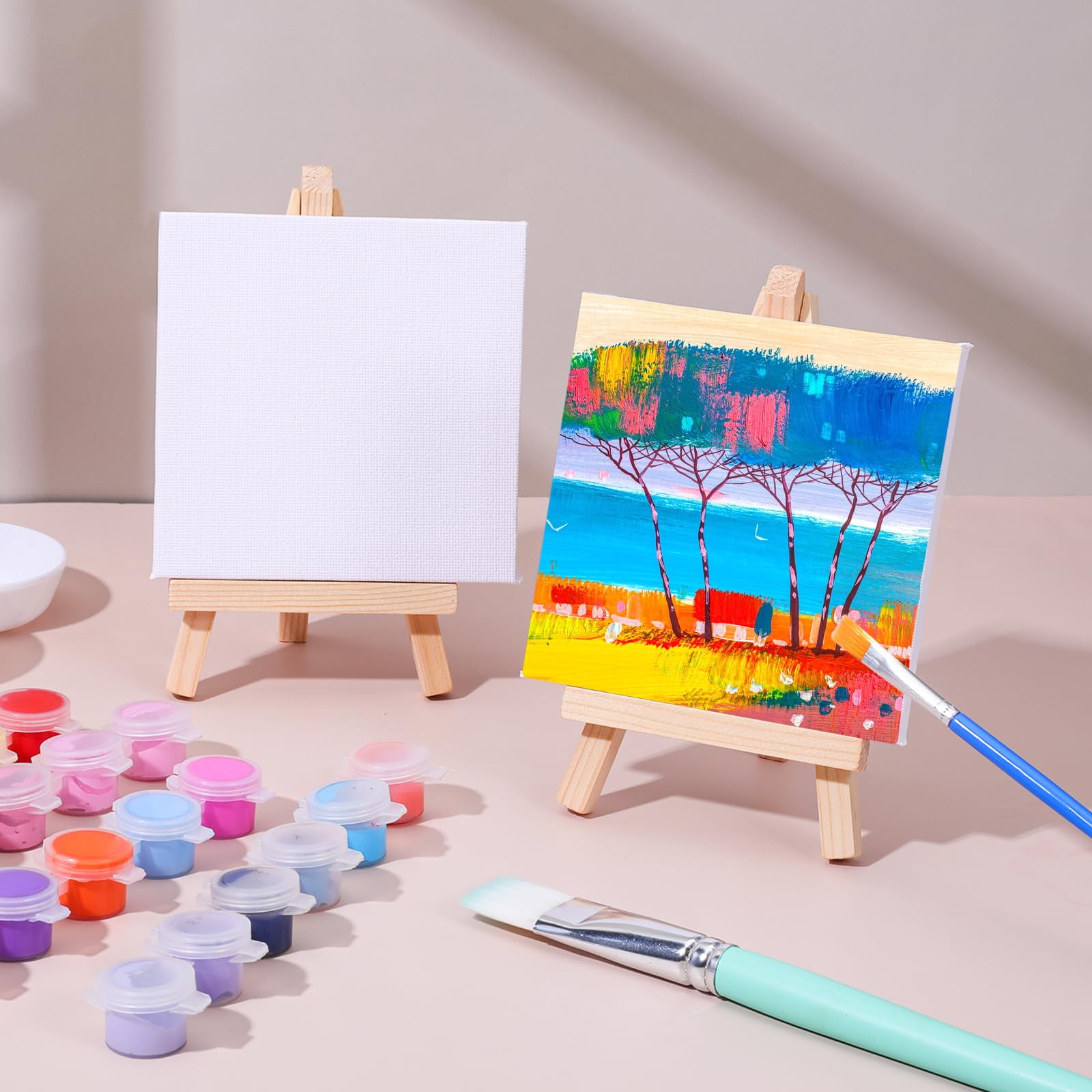 24 Pack Small Painting Canvas with Mini Easel, 4 x 4 Inch Mini Canvases with Easel Sets Art Canvases Painting Kit with Wood Display Easels for Adults & Kids Party Classroom Crafts