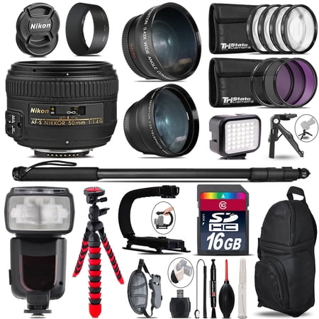 Nikon AF-S 50mm 1.4G + Pro Flash + LED Light + Tripod - 16GB Accessory Bundle