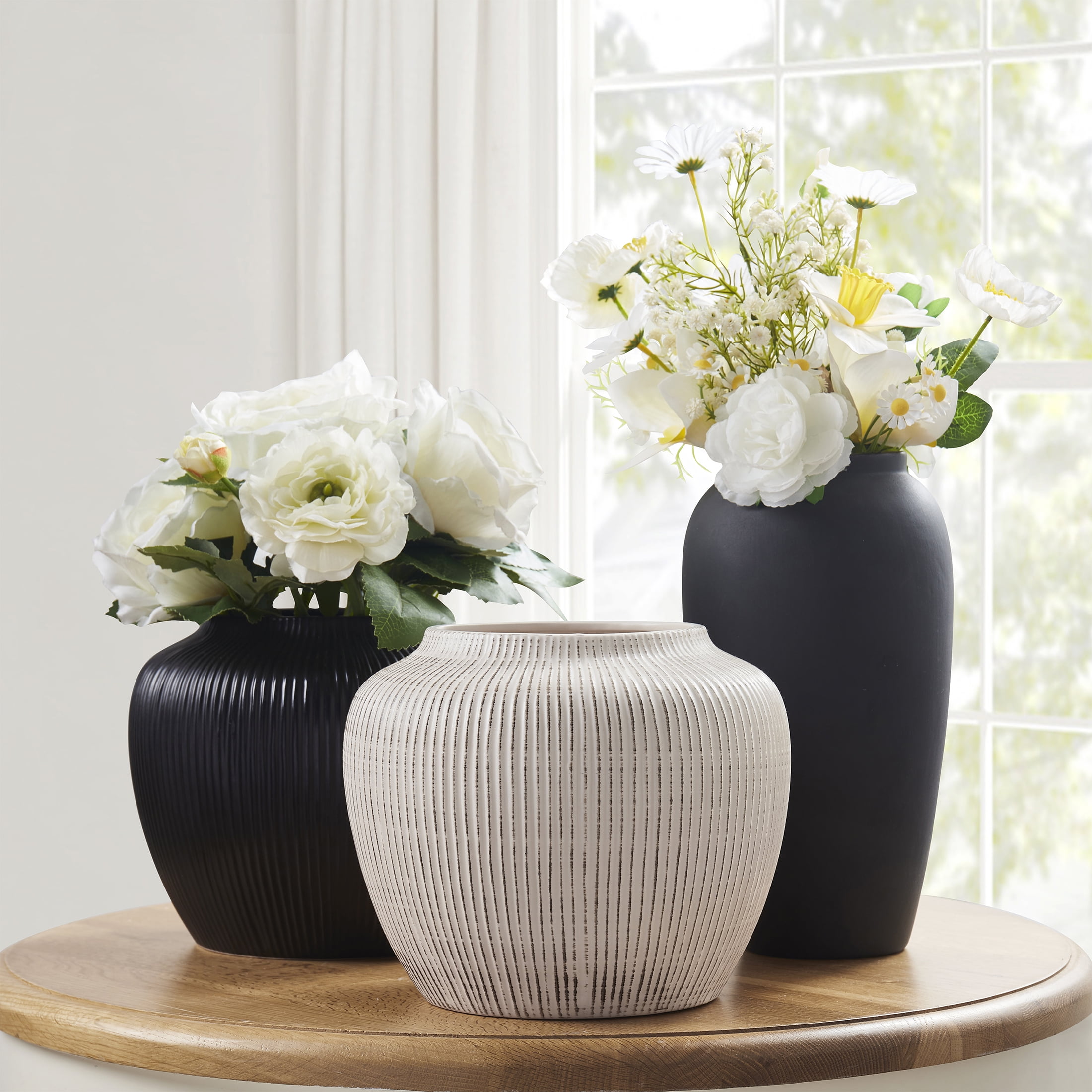 My Texas House 2-Pack, 5" Black Textured Stripe Round Stoneware Vase