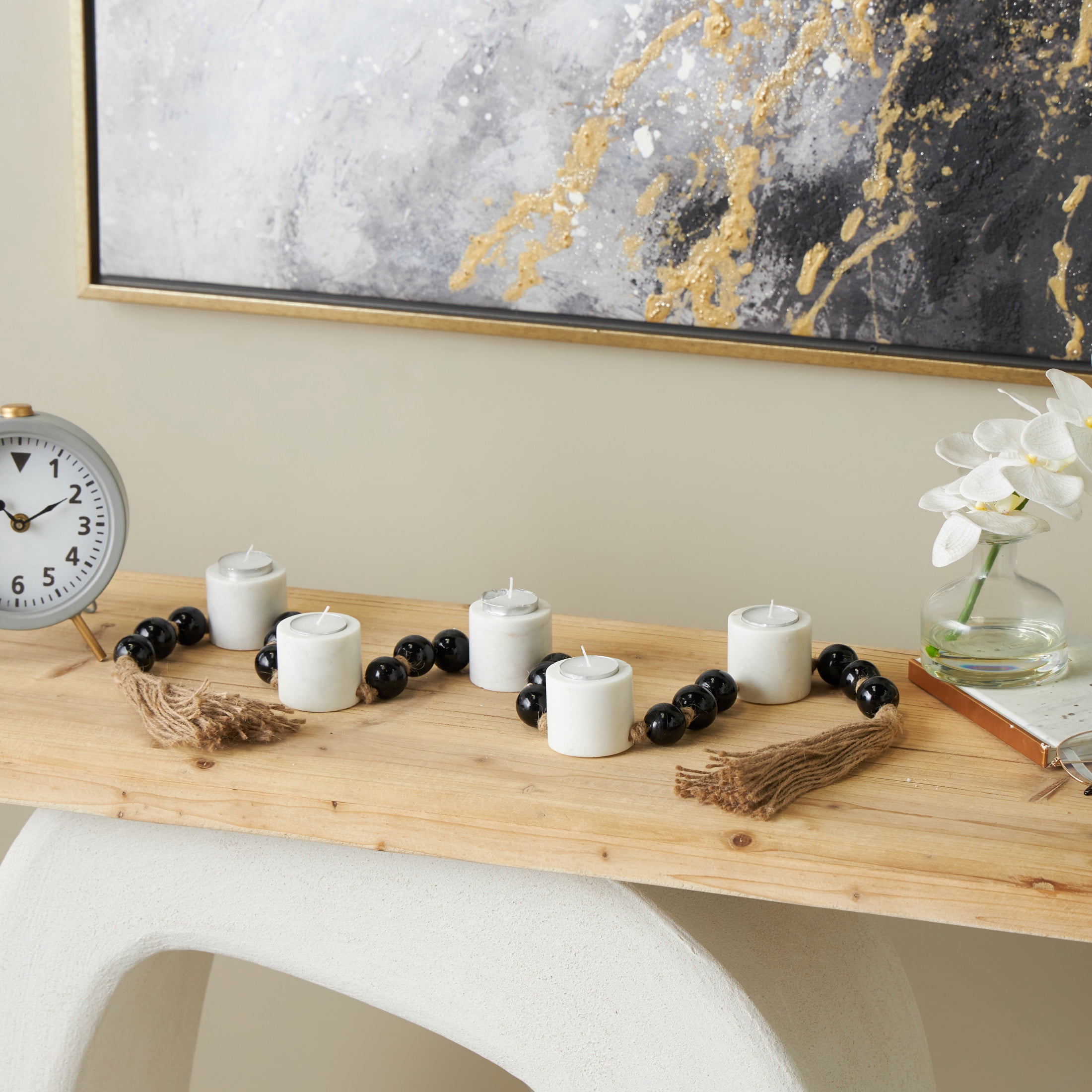 DecMode 5 Candle White Marble Round Garland Candle Holder with Brown Tassel and Black Beads