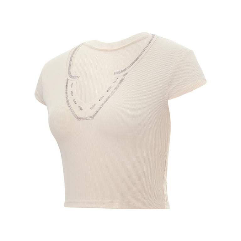 Women Summer Short T-Shirt, Short Sleeve Patchwork Tailored V-Neck