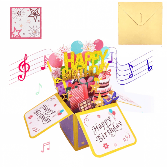 Funny Happy Birthday Pop Up Card with Music, Sweet 3D Birthday Gift Box for Adults and Kids with Envelopes, Unique Handmade Foldable Celebration Cards for Daughter, Son, Mom, Dad, Friend