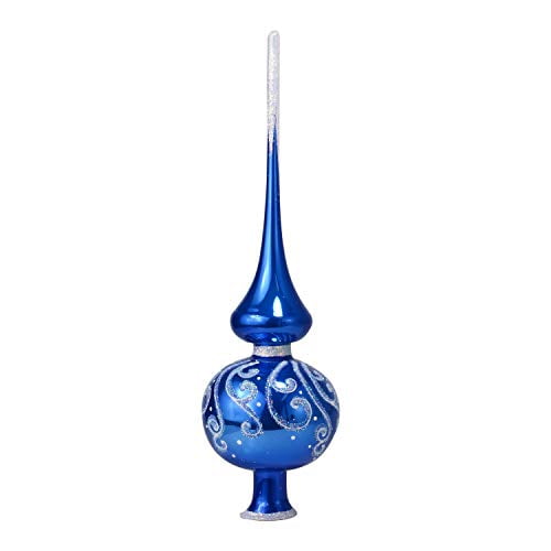 Holidaygiftshops Snowy Pattern Blue Glossy Glass Christmas Tree Topper