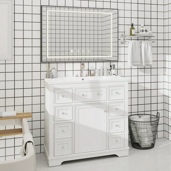 36" Bathroom Vanity with Sink Combo, One Cabinet and Six Drawers, Solid Wood and MDF Board, White