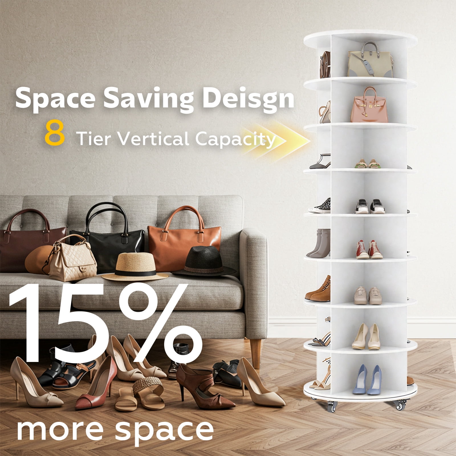 AECOJOY 8-Tier Rotating Shoe Rack with 4 Casters, 360° Spinning Organizer for Closet Storage, White