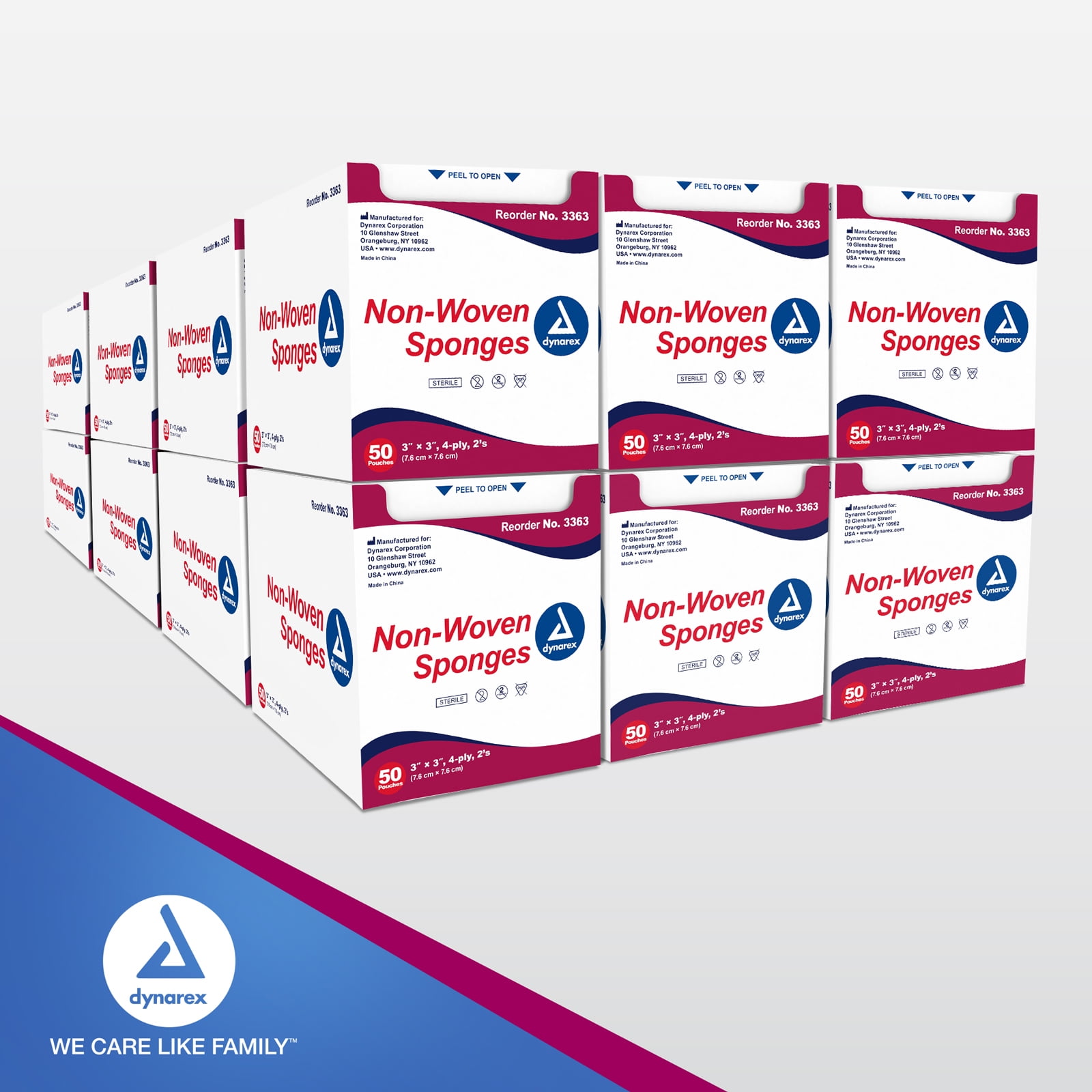 Dynarex Non-Woven Sponges, Sterile, Gauze Sponges, for Cleansing, Prepping and Dressing, 3" x 3", 4 Ply, 1 Case of 1200 (24 Boxes of 50)