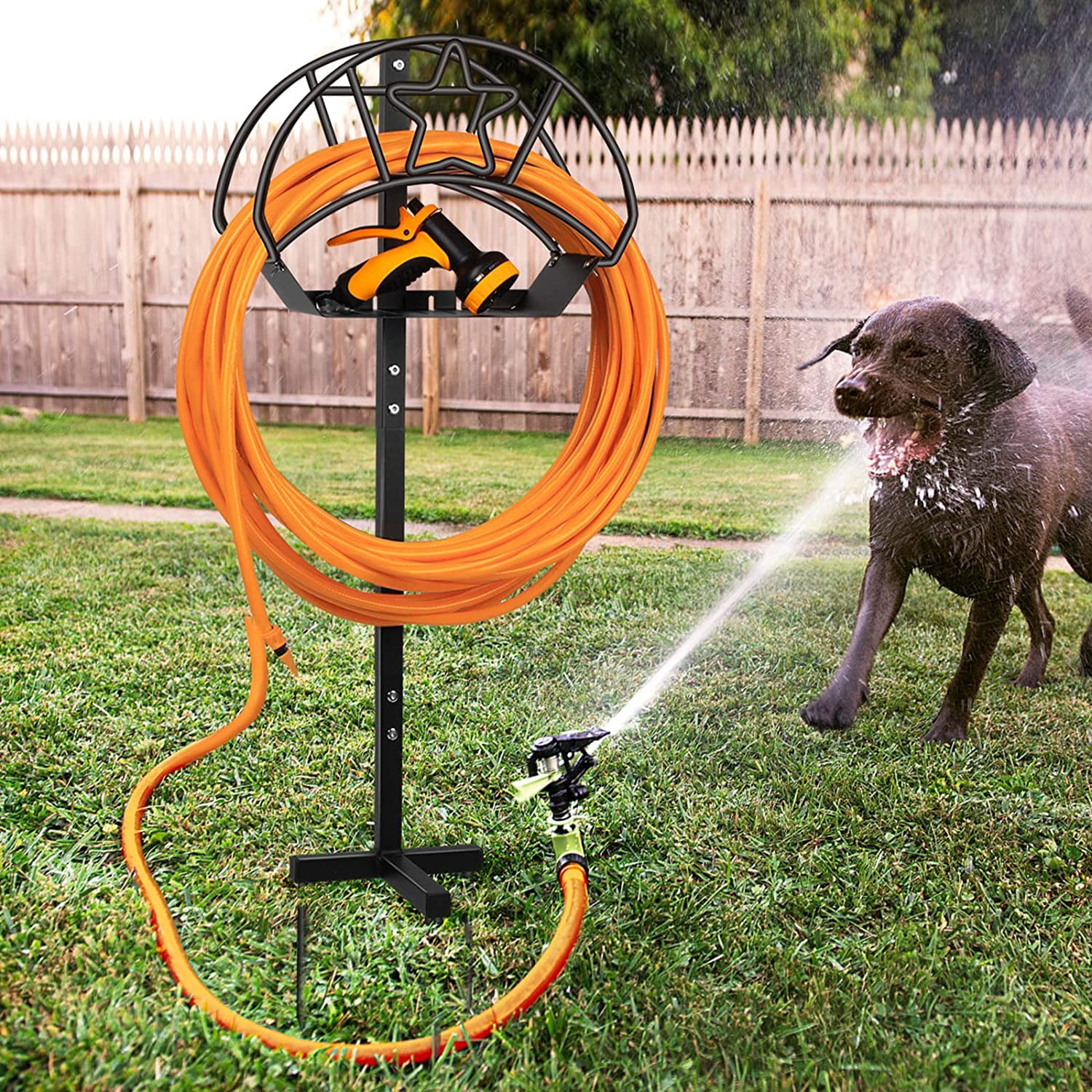 Walensee Garden Hose Holder Detachable Freestanding Water Hose Hanger,Outside Heavy Duty Metal Hose Storage Hose Stand Decorative Hose Reel Rack for Yard,Lawn,Black