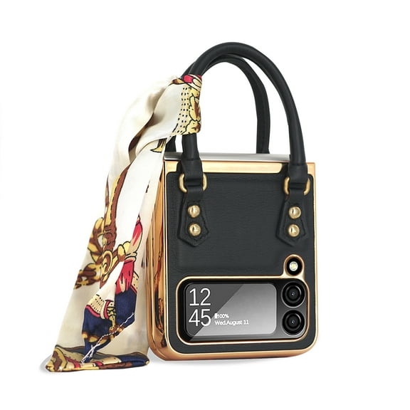 Elegant classic leather folding phone case for Samsung Galaxy Z flip 6 with silk scarf portable hand holder plating back cover