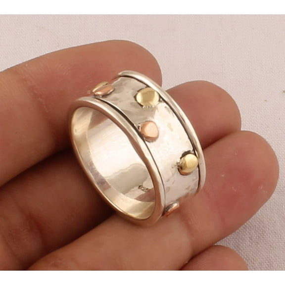 SS DESIGNS Hammered Textured 925 Sterling Silver Spinner Ring – Handmade Three-Tone Fidget Anxiety Ring for Women, Boho Wedding Band, Gift for Her