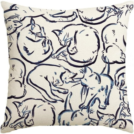 

Chinoiserie Ink and Wash Cat Bule Throw Pillow Cover 16x16 inch Cushion Case Outdoor Decoration for Sofa Couch Farmhouse