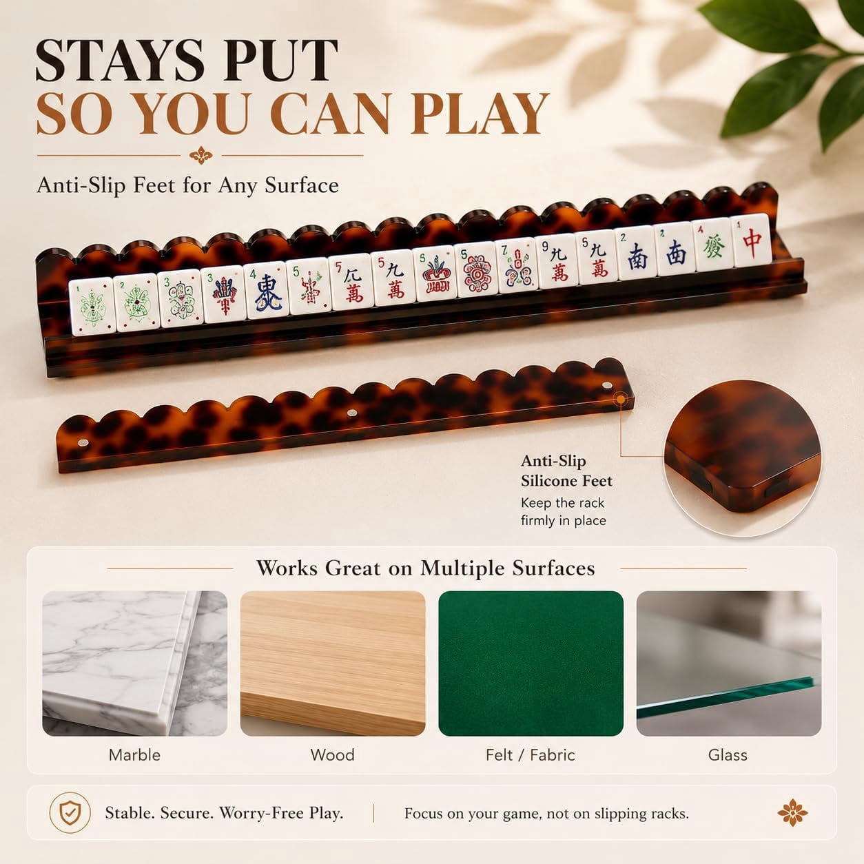 Scalloped Mahjong Racks with Magnetic Pushers, 17.5"/20" Tortoise Shell Acrylic Mahjong Racks 1PCS / Set of 4, Thickened Non-Slip Acrylic American Mahjong Tile Racks