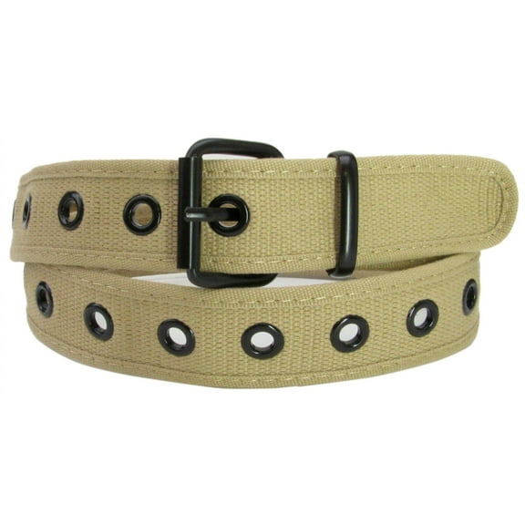 Khaki 1 Holes Row Metal Grommet Stitched Canvas Fabric Military Web Belt