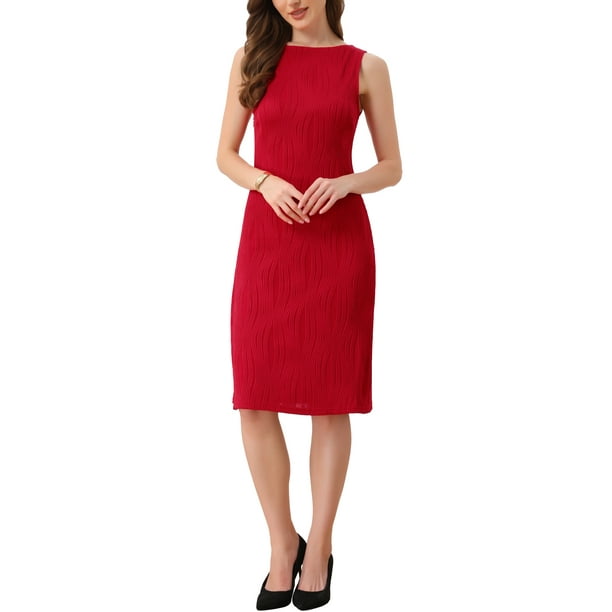 Vestido sin mangas de corte ajustado para mujer, cuello barco, texturizado, casual, oficina, color rojo