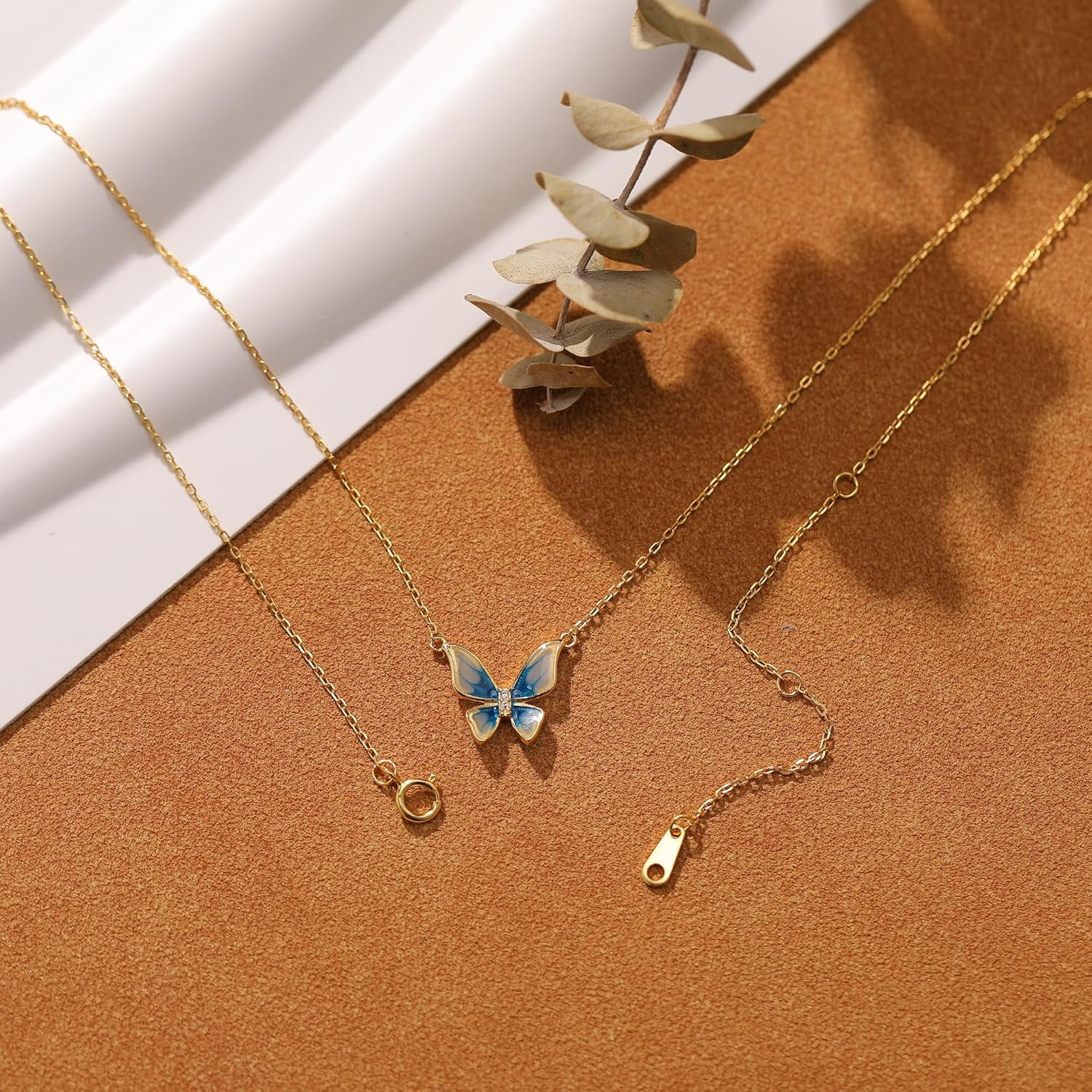 Cute Butterfly Necklaces for Women 14K Gold Plated Blue Enamel Butterfly Insect Choker Pendant Necklace 925 Sterling Silver CZ Charm Chain Necklace Jewelry Birthday Gifts to Daughter