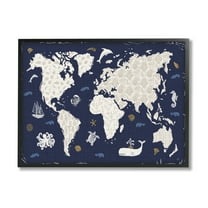 Stupell Industries Blue Patterned World Map Animals & Insects Painting Black Framed Art Print Wall Art, 14 x 11