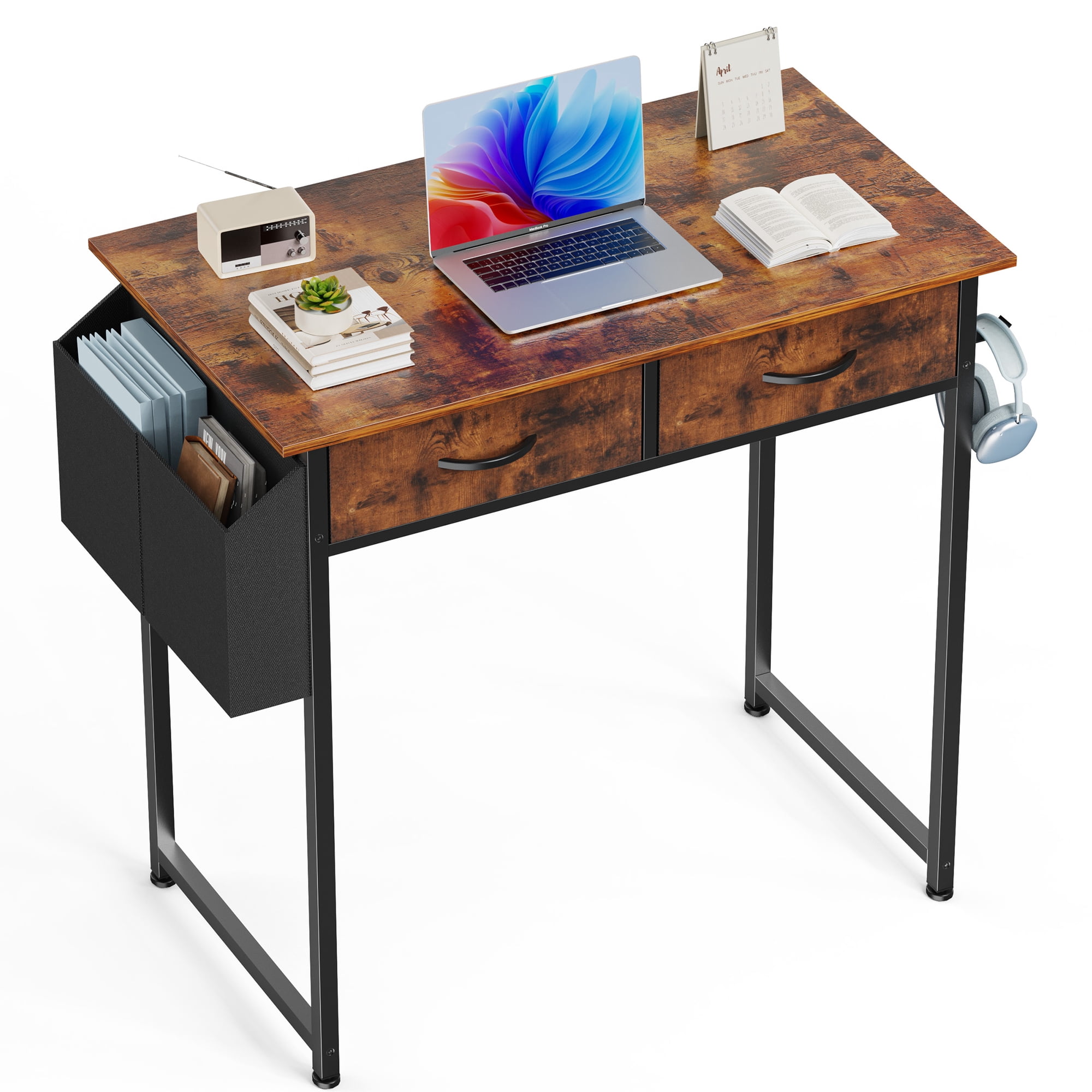 JIOABL Small Desk with 2 Drawers 32 Inch Bedroom Kids Student Vanity Home Office Computer PC Table with Fabric Storage Bag, Study Writing Wood Deskboard for Small Spaces,Rust Brown