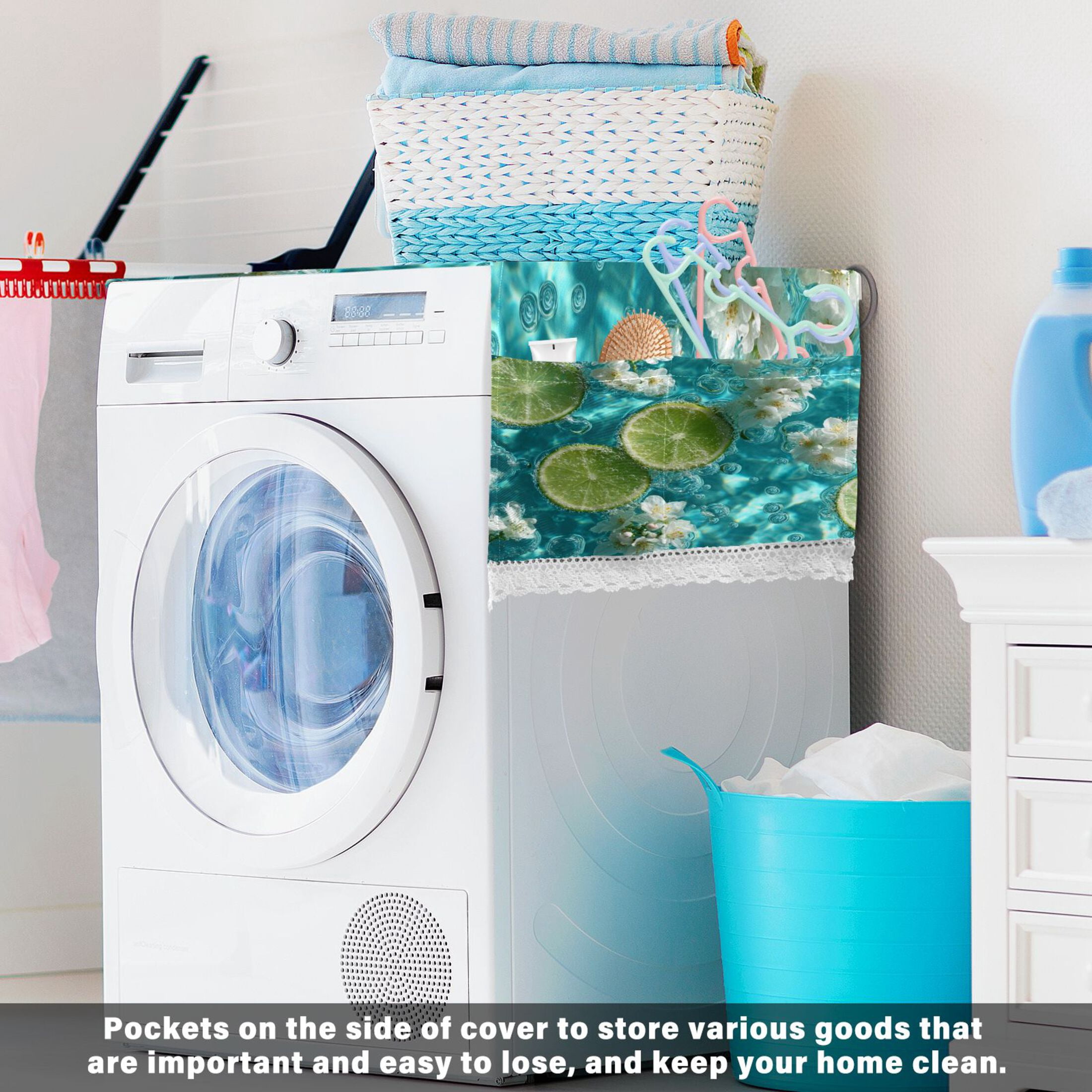 Washing Machine Cover 51.2x22in, Durable Polyester Dust Cover with Lace Trim and Side Pocket for Appliances Lemon White Flower