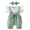 thumbnail image 4 of Pandaie Newborn Baby Girl Clothes Infant Summer Short Ruffle Sleeve Romper Floral Bow Jumpsuit Overalls Cute Outfit with Headband 3-18M Light Green, 4 of 9