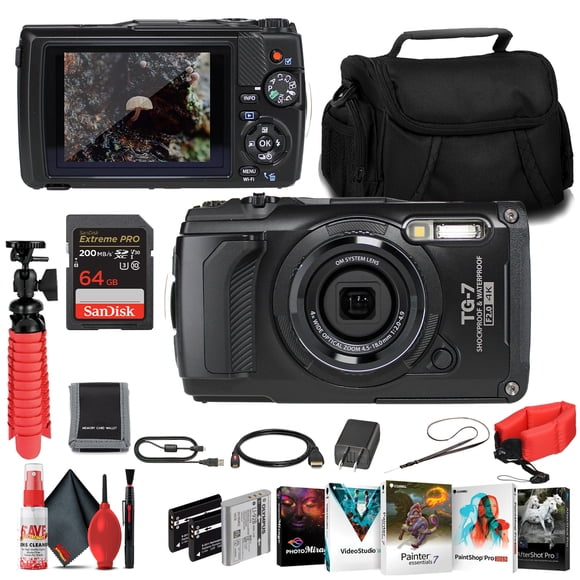 OM SYSTEM Olympus Tough TG-7 Black Underwater Camera, Waterproof, Freeze Proof, 4K Video with 2 Extra Batteries + Photo Software + More
