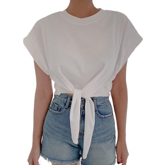 Womens Round Neck Solid Knot Hem Tee Short Sleeve Summer Blouse For Women